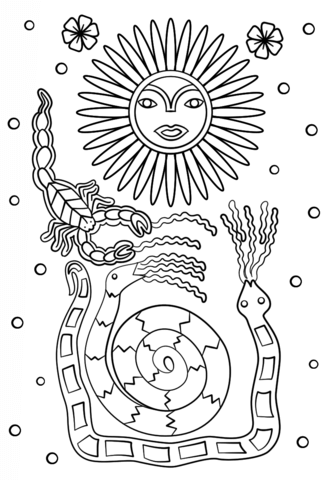 Huichol Art   Sun Scorpion And Snakes Coloring Page